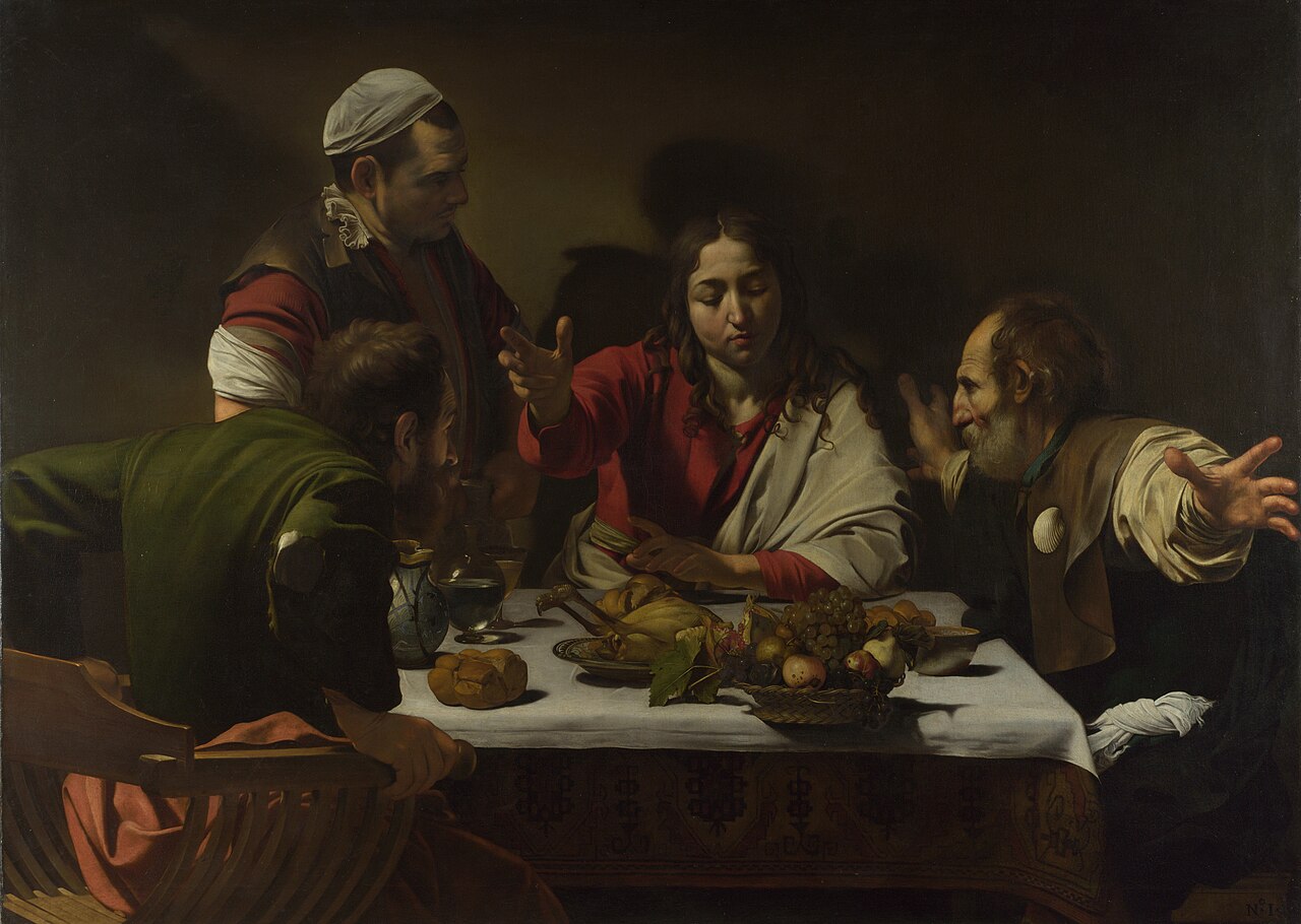The Supper at Emmaus by Caravaggio: the risen Christ blesses bread at a table as two disciples recognize him